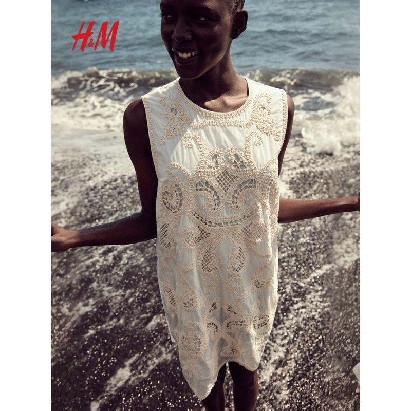 

HM Women clothes Collarless Dress 2025 Summer New Hollow Sleeveless Embroidered Straight One-Piece Dress 1288321 White/Cream 165/96(M)