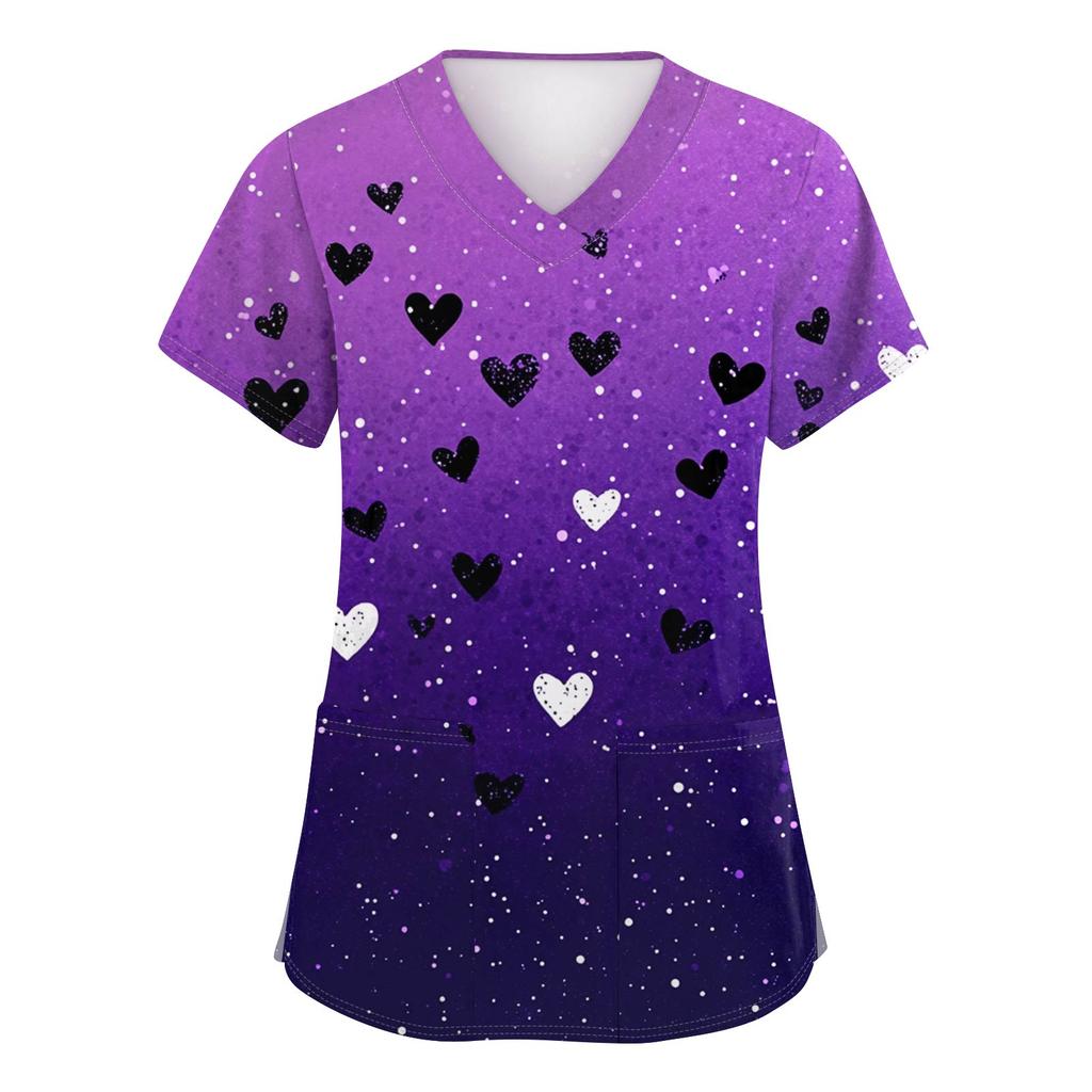 Women's Fashion V-Neck Short-Sleeved Workwear With Pockets Valentine's Day Printed Top Caregiver Uniform