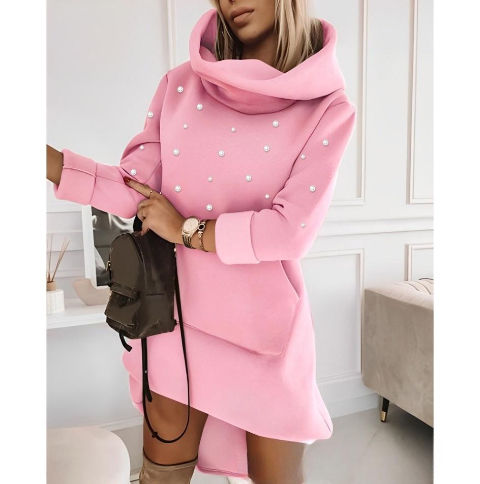 

Модная женская толстовка с капюшоном средней длины с высоким воротом и бусинами, осенне-зимняя модная повседневная женская одежда