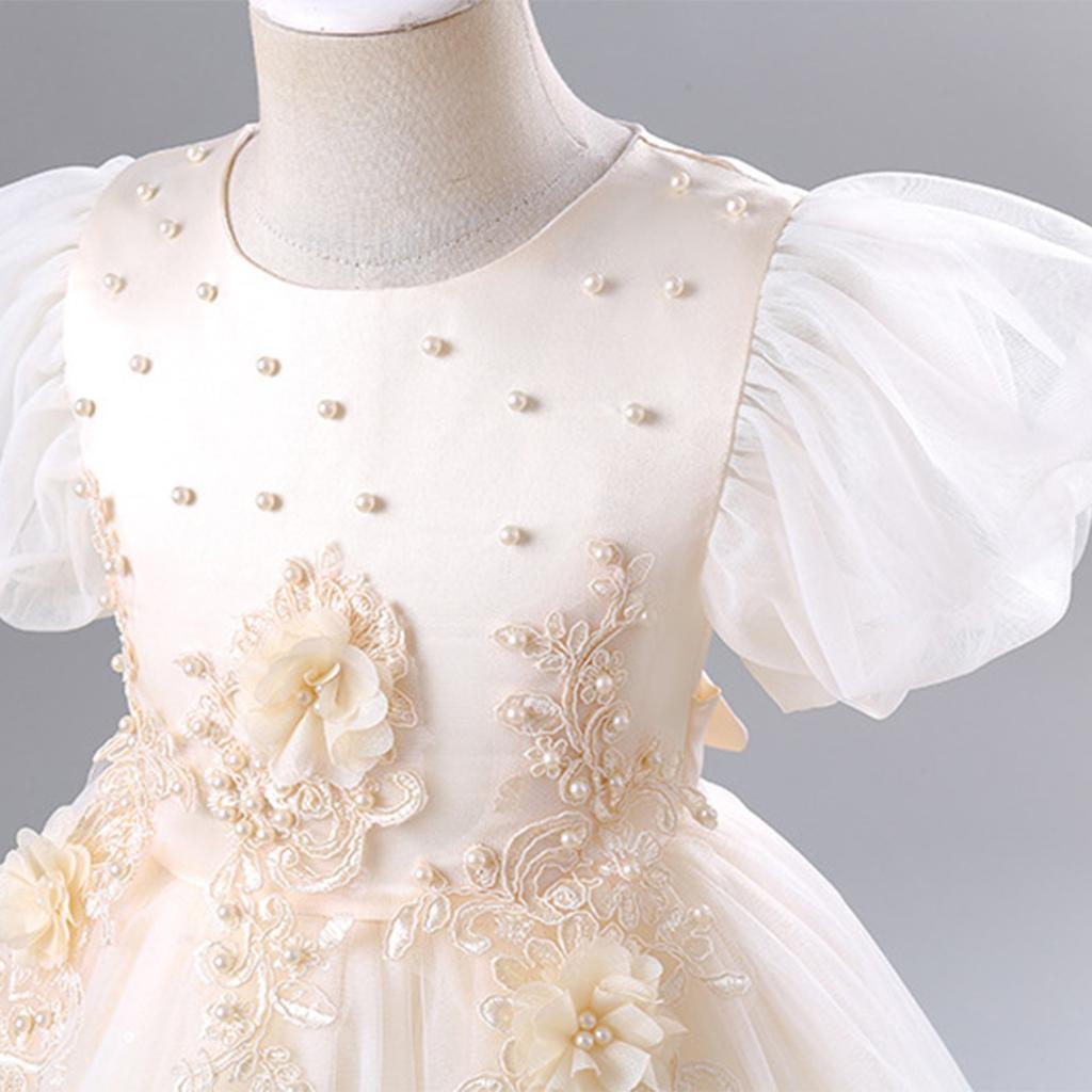 Children's Fashion Solid Color Round Neck Medium Sized Girls' Princess Dress Dress, Puffy Mesh Dress