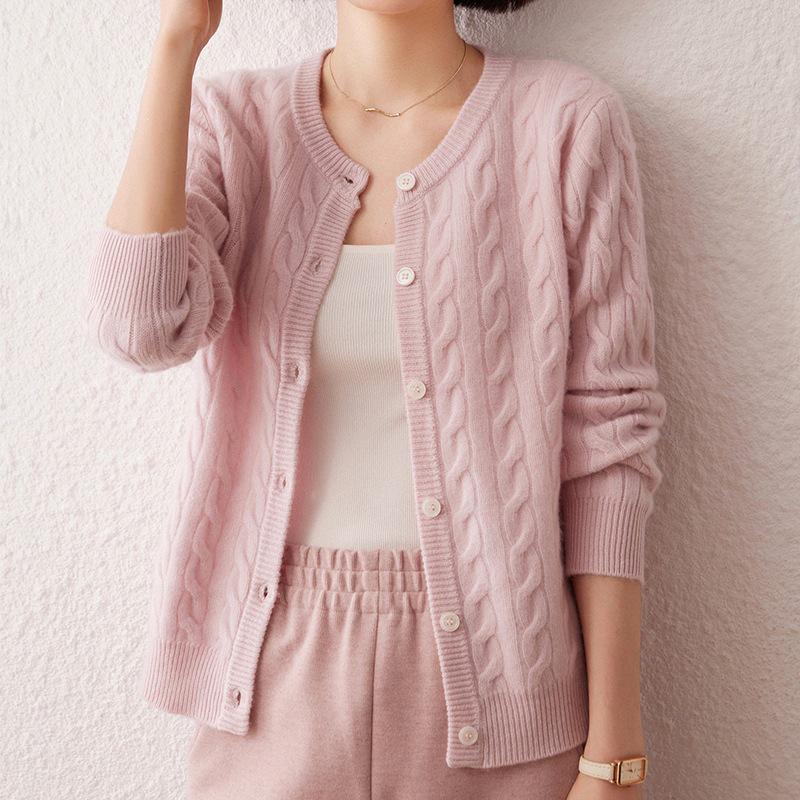 2026 Autumn Winter Women's Versatile Cashmere Round Neck Loose Knit Cardigan – Stylish, Thickened, and Cozy Cable Knit Coat