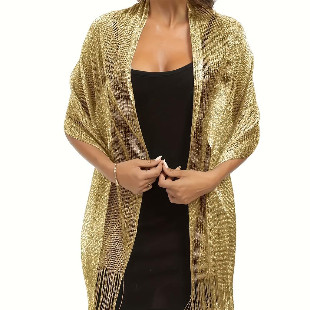 Sciarpa Hijab Para sole Luminosa in Seta Moda Oro Argento Scialli Lucidi Per Donne Pizzo Frange Sciarpa da Sera per Festa per uso quotidiano