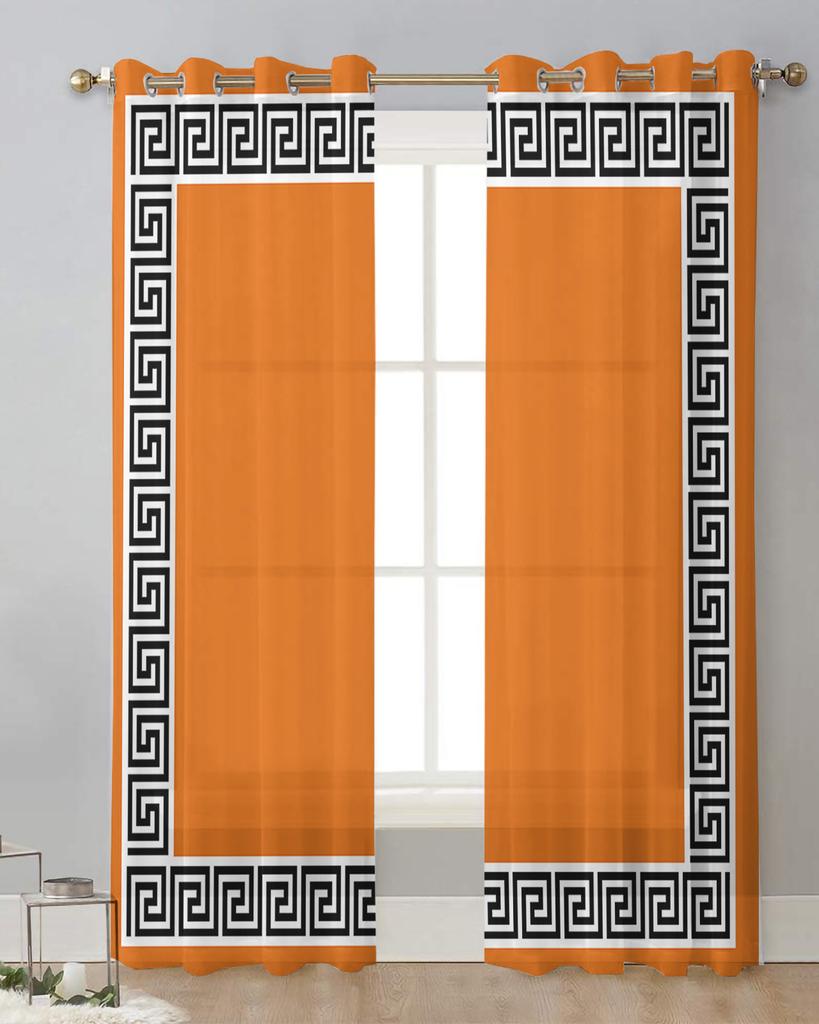 Cortinas Geométricas Transparentes de Estilo Chino Simple Naranja para Decoración de Sala de Estar Cortinas de Ventana Cocina Tul Cortinas Voile
