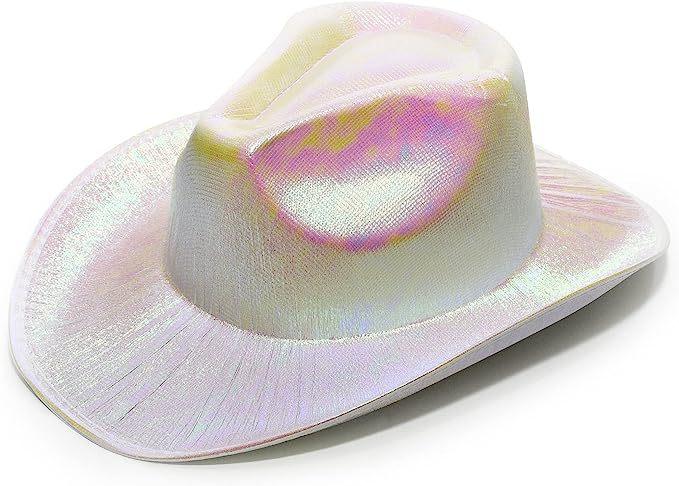 Neon Glitter Space Cowboy Hat - Fun Metal Holographic Party Disco Cowgirl Hat