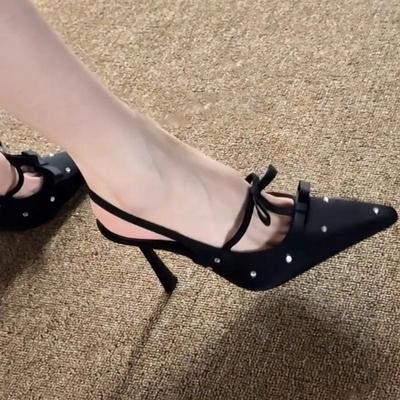 Schmale Fersen leere Sandalen süße Pünktchen Schleife Alltags-Schwarz Hohe Absätze sexy Strasssteine