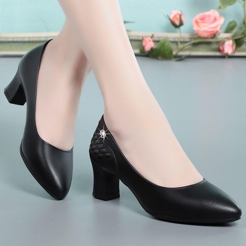 Work Shoes Single Order Shoes Women's Leather Shoes Pointed Toe Thick Heel Versatile Shallow Mouth Women's Shoes