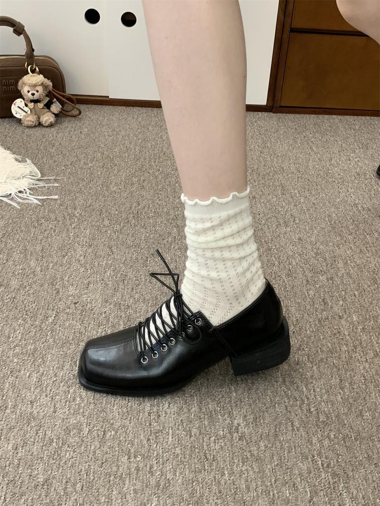 Lace-up Black British Style Ladies High Heels Elegant Square Toe Mary Jane Mules For Girls Pumps French Dress Boat Ballet Shoes