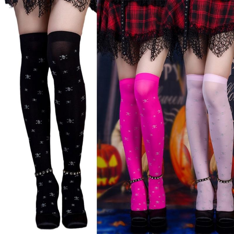 Damen Kniestrümpfe Über dem Knie Hohe Strümpfe Japanische Lolitas Totenkopfmuster Lange Socken Dünne Halloween-Strümpfe