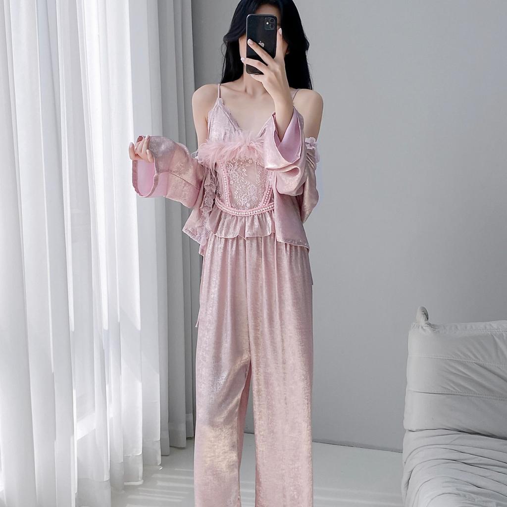 1011 new silk pajamas women's court style suspenders long-sleeved trousers sweet three-piece set can be worn outside loungewear