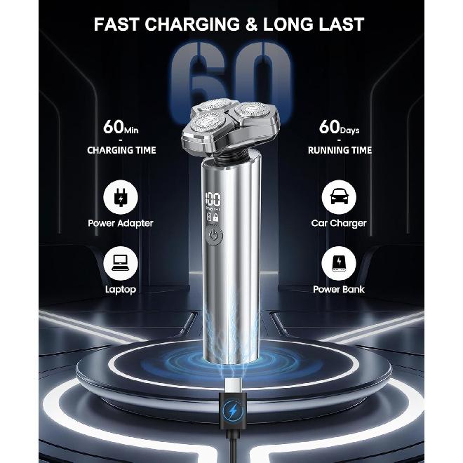 Electric Razor for Men, 10,000RPM High-Speed Motor, IPX8 Waterproof, Upgraded Curved Razor Foil, USB Fast Charging, Quick Charge & Travel Lock