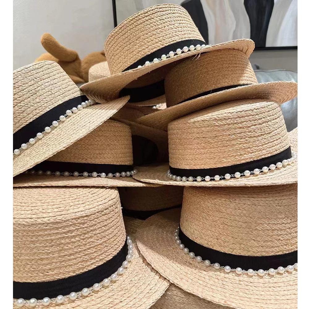 Vintage Pearl Flat Top Raffia Hat Women's Spring Summer Sun Protection Visor Hat Versatile Beach Hat Top Hat