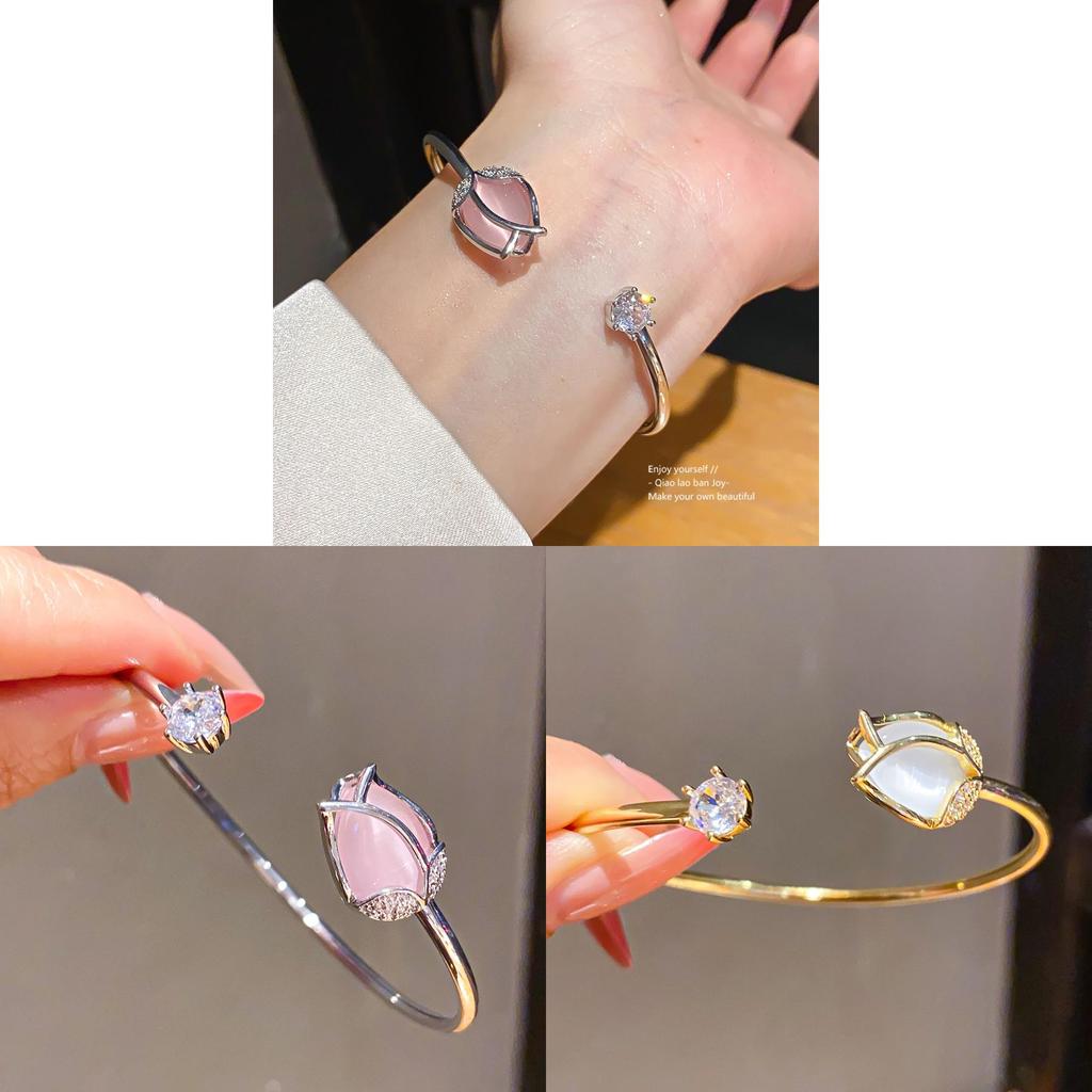 Zircon Cat Eye Flower Open Cuff Bracelet With Stones For Fashion Women