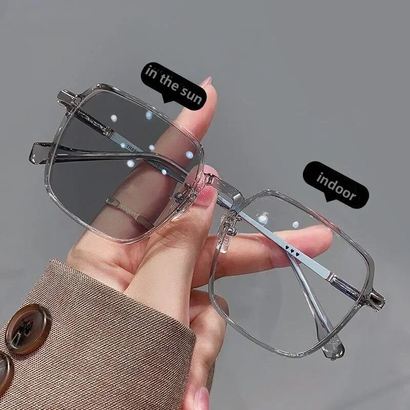 Vintage Oversized Square Photochromic Glasses with Blue Light Blocking and Myopia Correction