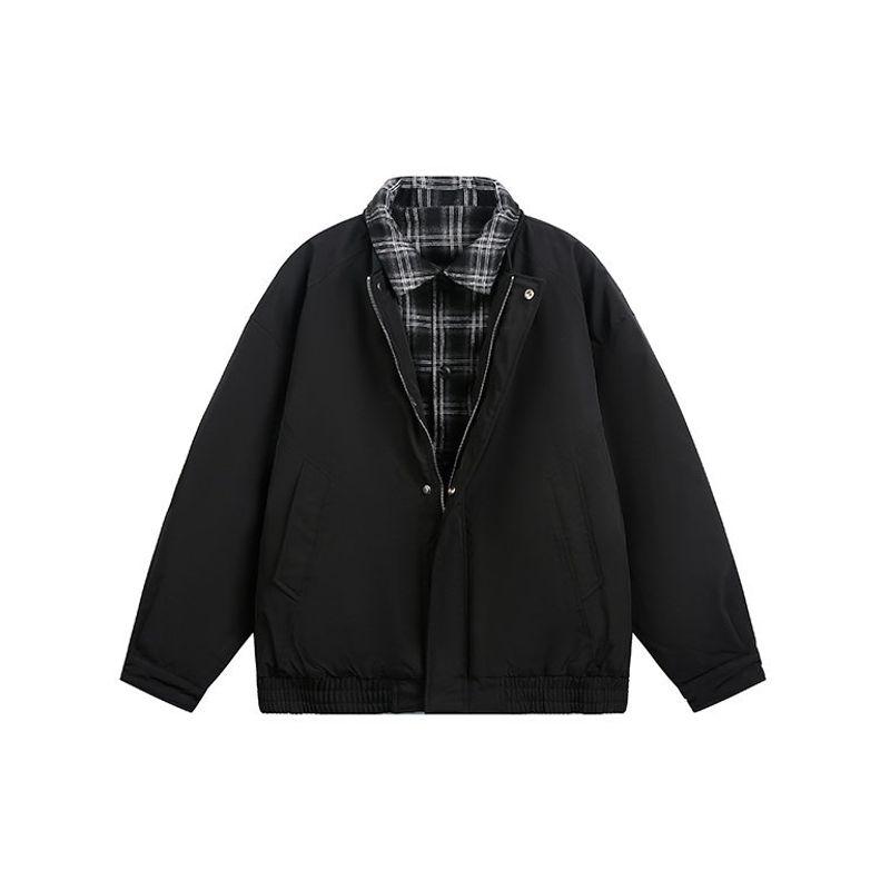 Blaexit American Retro Plaid Lapel Patchwork Faux Two-Piece Cotton Jacket for Men, Winter High-End Jacket