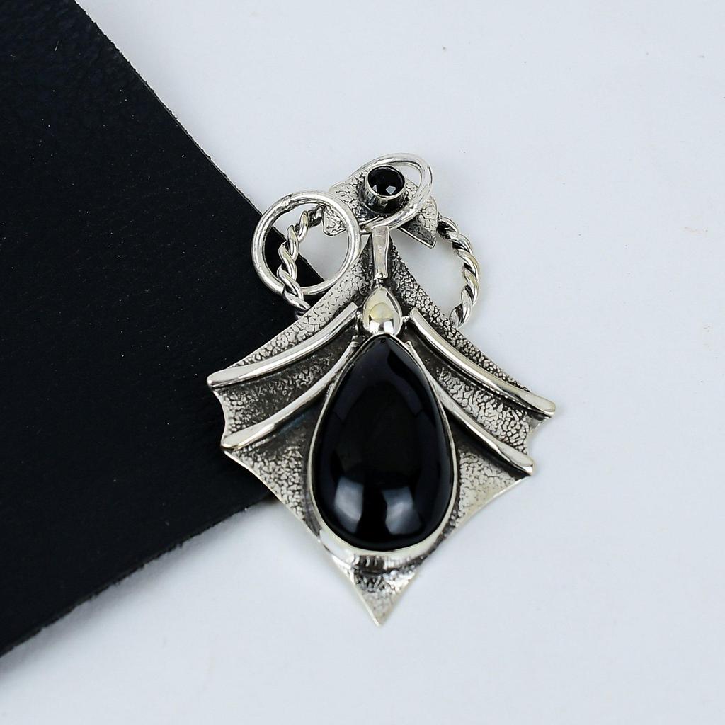 Natural Black Onyx Gemstone Silver Pendant in 925 Sterling Silver- Handmade Design, Everyday Wear Jewelry, Unique Black Spinal Pendant Gifts
