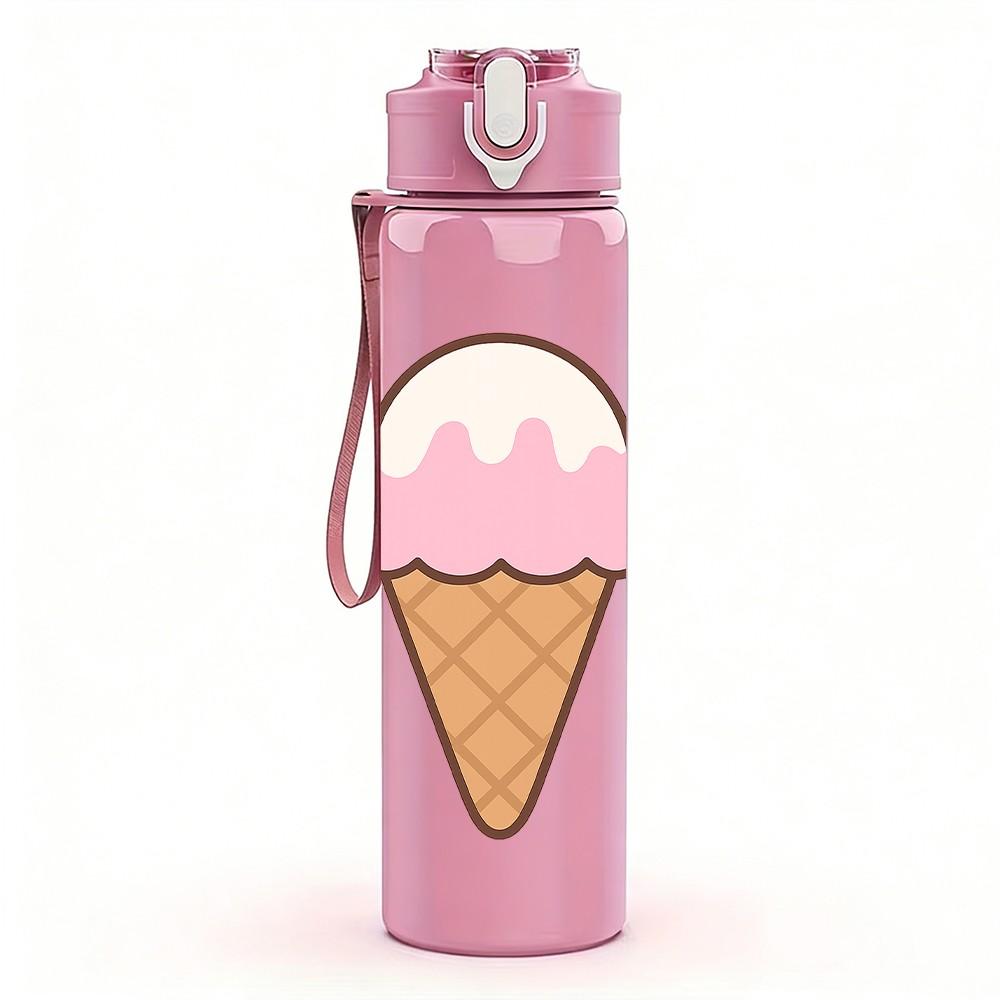 1PC Sweet Ice Cream Cone Pattern 750ml Color Plastic Sports Water Bottle Leakproof Flip Straw Lid Suitable for Sports Office Home Use