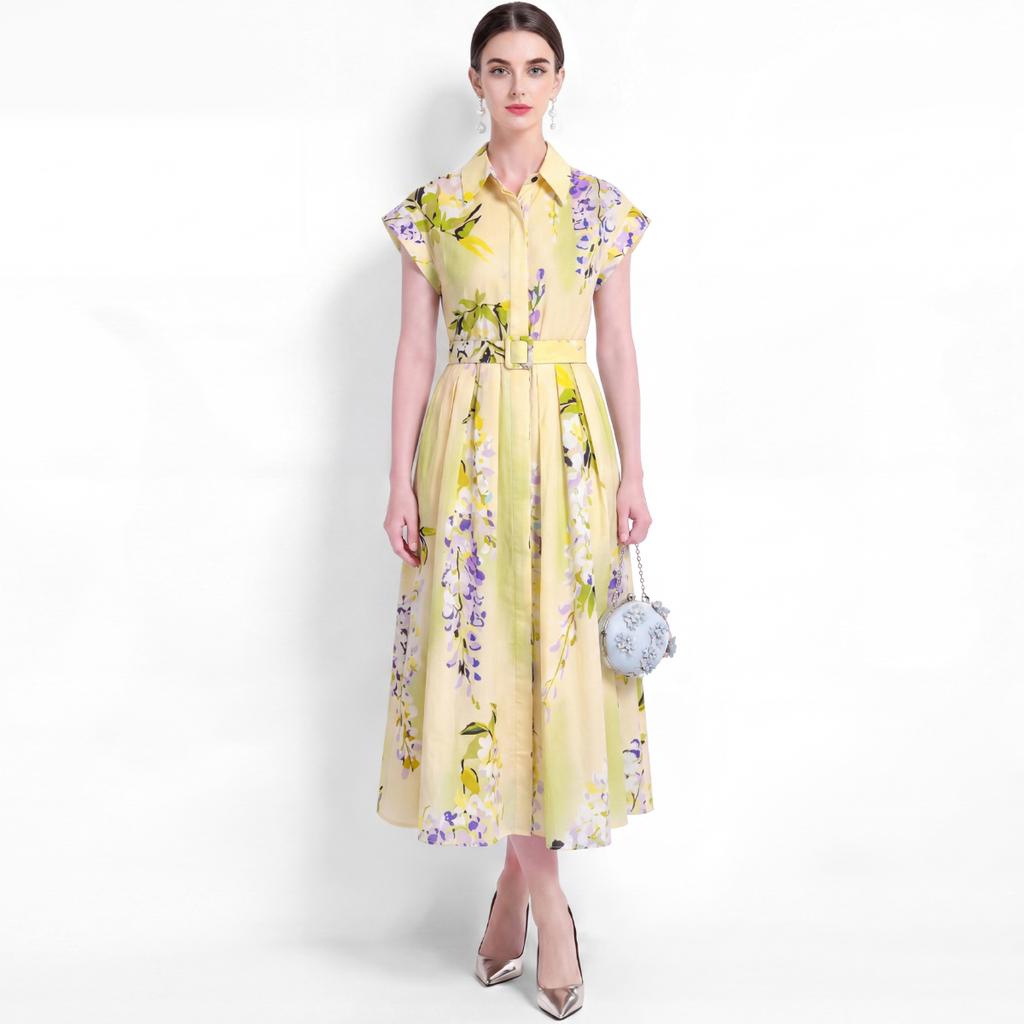 Elegant Floral Print Midi Shirt Dress for Women Summer Cap Sleeve Lapel Button Down Waist Belt A-Line Dress Holiday Outfits