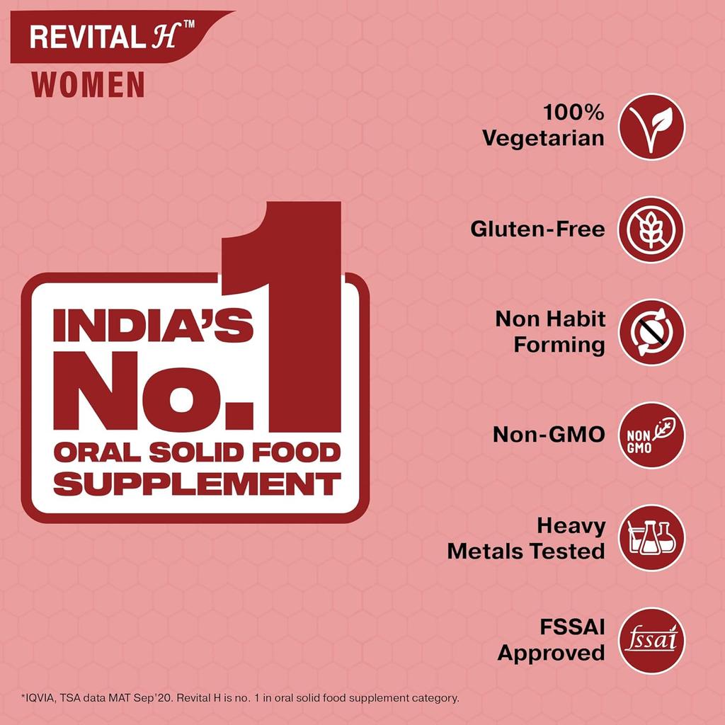 Revital H Women Multivitamin Tablets With Ginseng, Calcium, Zinc, 12 Vitamins & 10 Minerals For Energy, Immunity, 60 Tablets