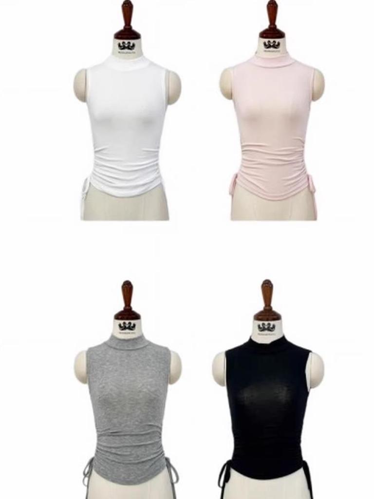 Women's Sporty Style Sleeveless Tight T-Shirt with Ruffled Base Layer, Half-High Neck, Thin and Slightly See-Through
