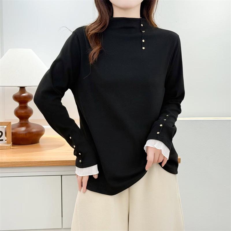 2025 Autumn/Winter Plus Size Women s Ruffle Cuff Patchwork Long Sleeve Top 4XL чёрный