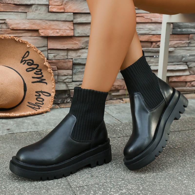 Fashion Fashion Round Toe Spliced Stretch Cloth Platform Anti-Slip and Wear-Resistant Women's Autumn Sock Boots
