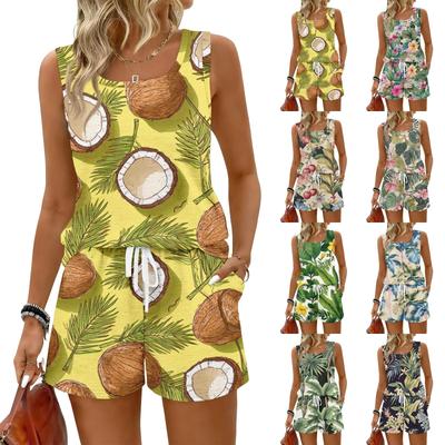 Women's 2 Piece Summer Casual Floral Print Square Neck Tank Top and Pants Set with Pockets