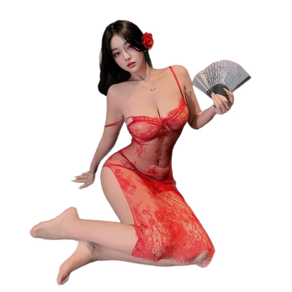 Sex Underwear Purple Suspender Pajama Set Sexy Lace Uniform Temptation Tease See-Through Dress