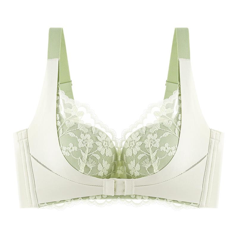Women Sexy Two Tone Lace Brassiere Gathered Push Up Underwear Wireless Adjustment Front Buckle Bra Comfortable Lingerie