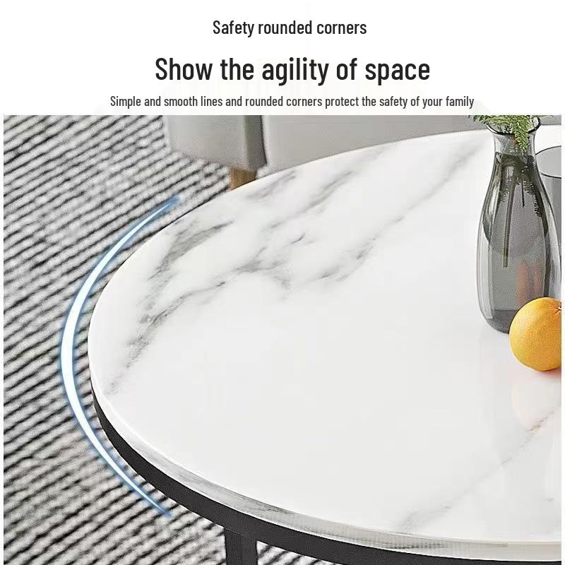 Modern Minimalist Round Coffee Table Set with Stone Pattern and Iron Art Storage