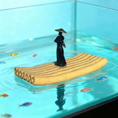 Schwebende Schwertkämpfer-Figur Aquariumdekoration Wasserdichter Schwertkämpfer auf Bambusfloß-Statue für Aquarium-Desktop-Dekor