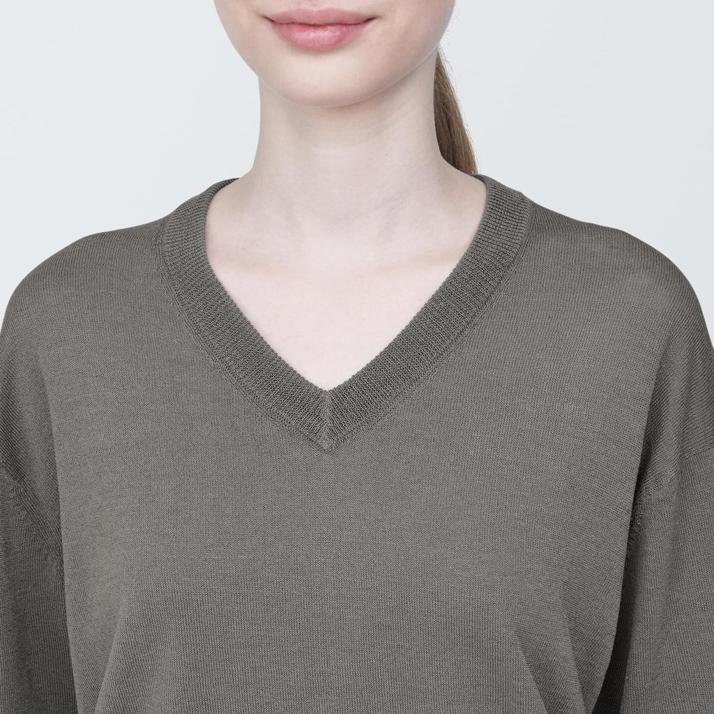 MUJI Hemp Blend Dark Mocha Size Size S Women's UV-Cut V-Neck Sweater, Brown, BA1OHA4S, Women's