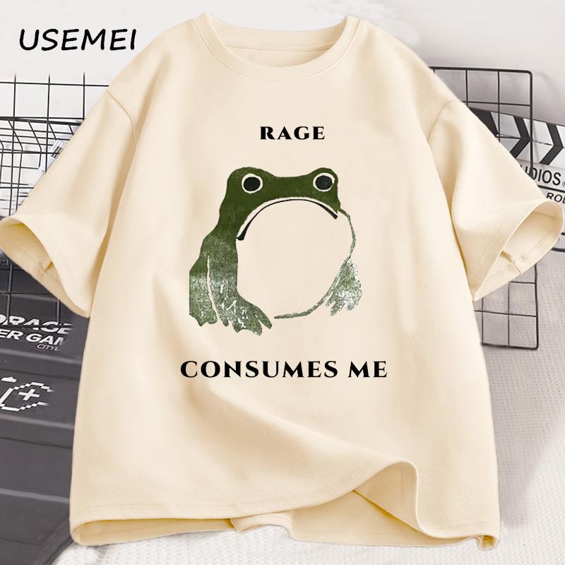 Unisexs T Shirts Funny Rage Consumes Me Frog Graphic T Shirts Vintage Cotton Short Sleeve Printed Tshirt Unisexs Clothes Streetwear