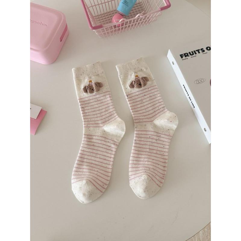 Pink Pure Cotton, Trendy and Cute Cartoon Idea Gauze Label Puppy Socks, Women's Autumn Mid-calf Socks, Dui Dui Long Socks