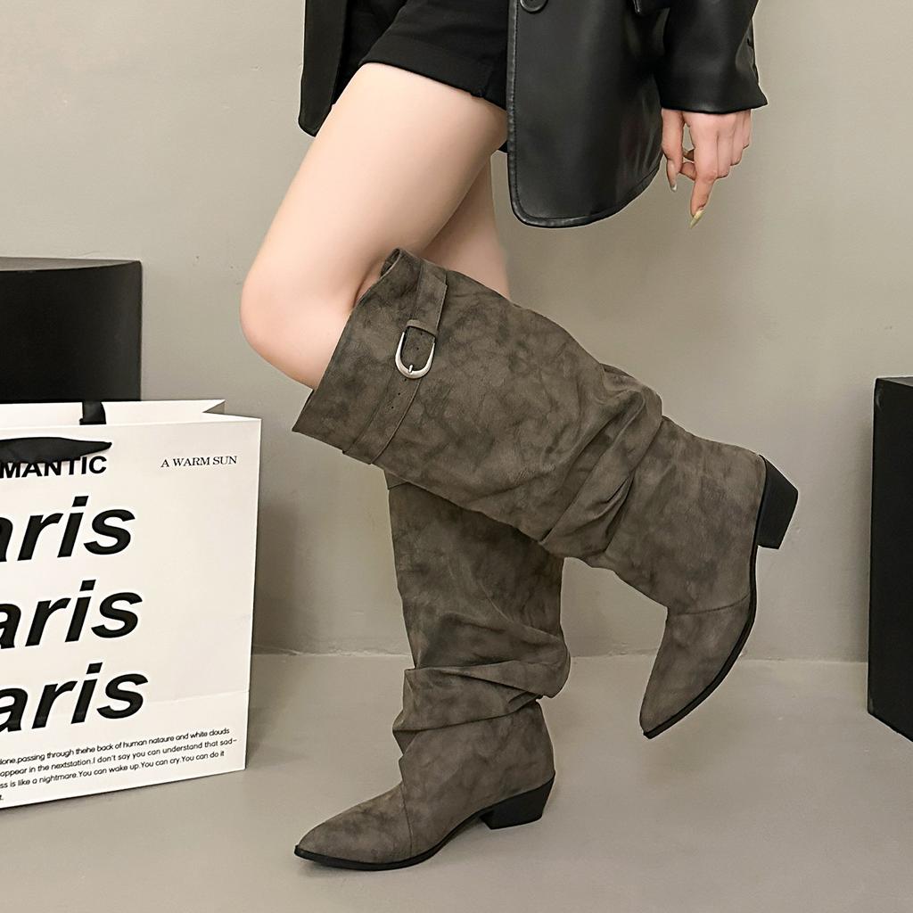 European and American style belt buckle pointed boots women's thick heel tall thin boots new long tube stacking boots