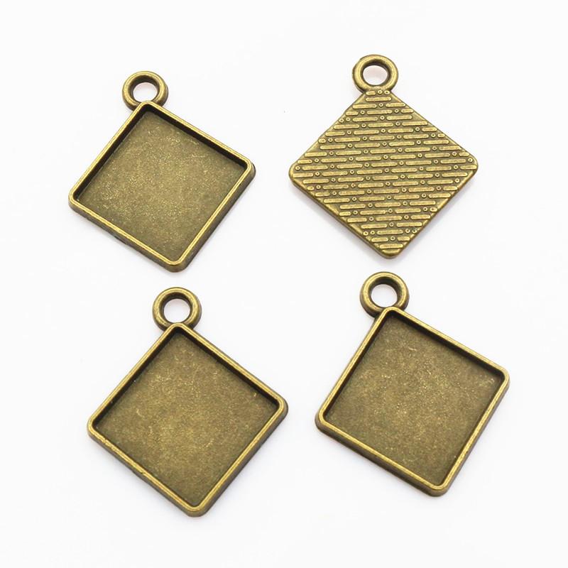 10pcs 15mm Inner Size Square Pendant Cabochon Blank Base Setting Alloy Metal Single/Double Loops DIY Jewelry Making Accessories