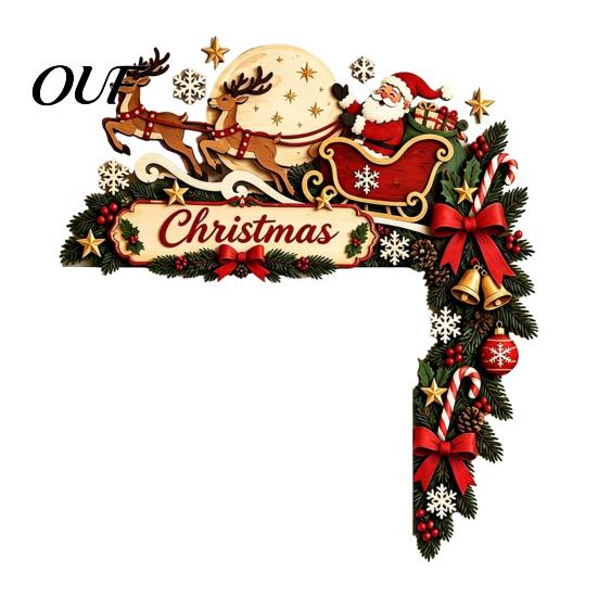 Rustic Holiday Home Accents Christmas Door Topper, Funny Santa Claus Reindeer Sleigh Frame Seasonal Decorative Corner Piece Sign, Wooden Decor