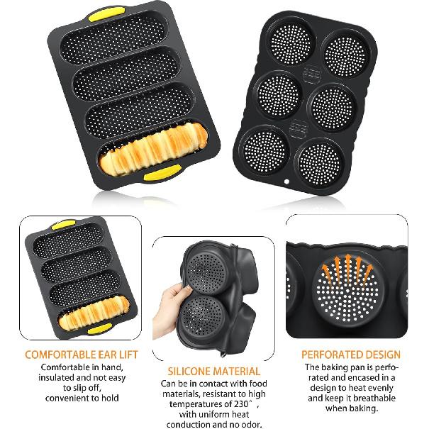 Set of 3 Silicone Baguette Pan and Hamburger Bun Pan Set with Spatula Nonstick 4 Wave Baguette Baking Tray 6 Cup Hamburger Bun Mold for Homemade