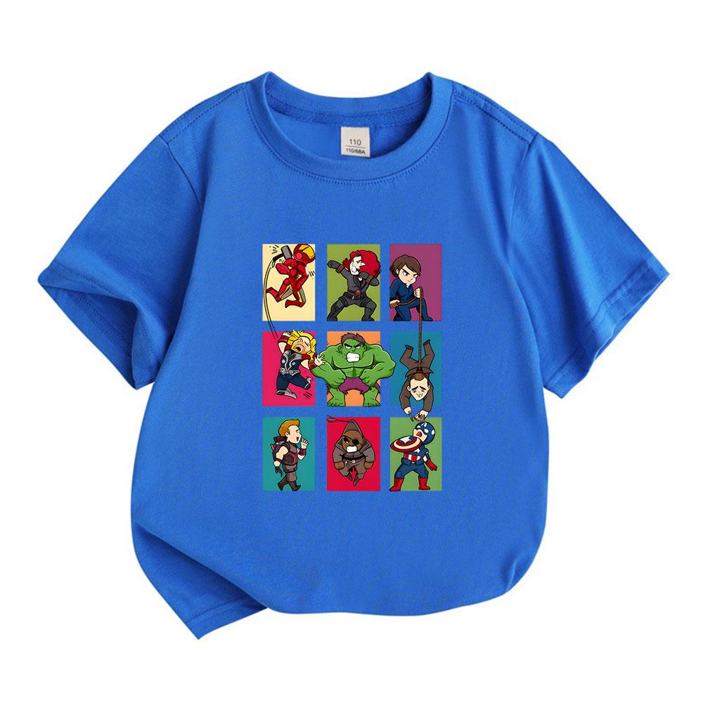 Kids Boys Girls 100% Cotton Crew Neck Short Sleeve T-Shirt Cute Superhero Chibi Group Print Casual Soft Breathable Tee for Daily Wear Summer Tops for