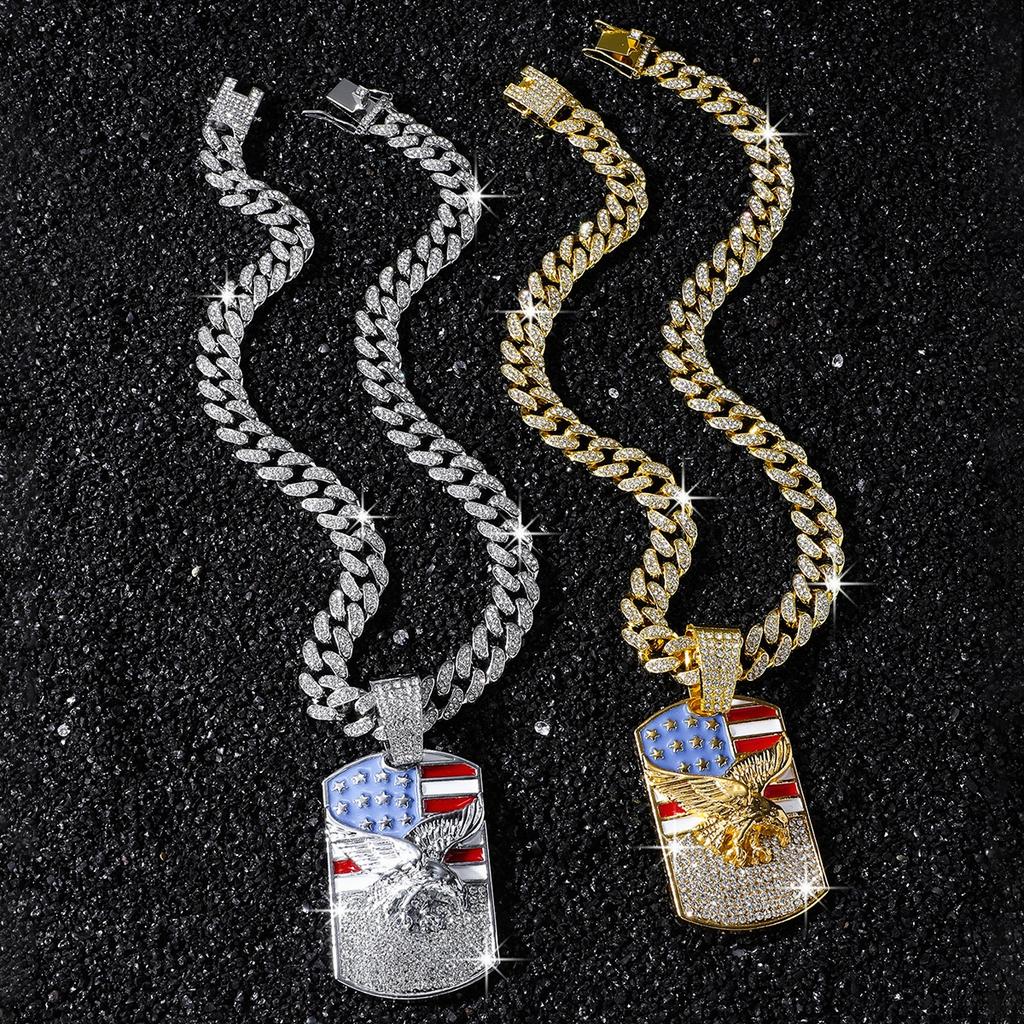 Iced Out Amerikanische Flagge Adler Anhänger Halskette Kristall Kubanische Kette Ideales Geschenk für Kulturinteressierte