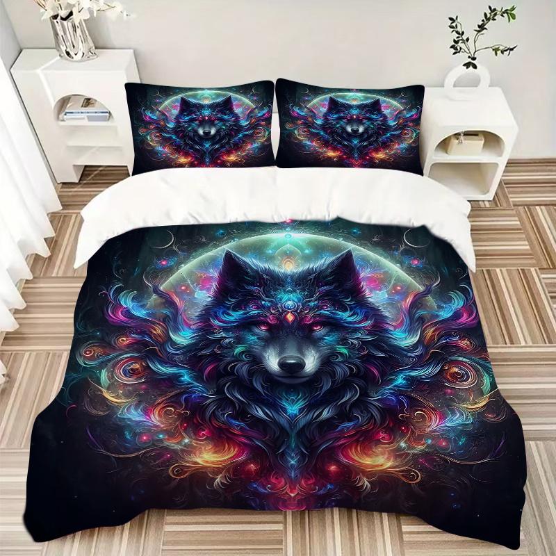 3pcs Psychedelic Journey Wolf Printed Quilt Set - Soft and Comfortable Quilt Cover for Bedroom, Guest Room and Dormitory