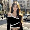 2024 Slim Fit Hollow Out Off-Shoulder Long-Sleeve T-Shirt for Early Autumn Fashion