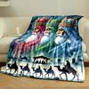 Three crowned figures above a nativity scene with camel riders below. for all seasons blanket lunch break throw gift