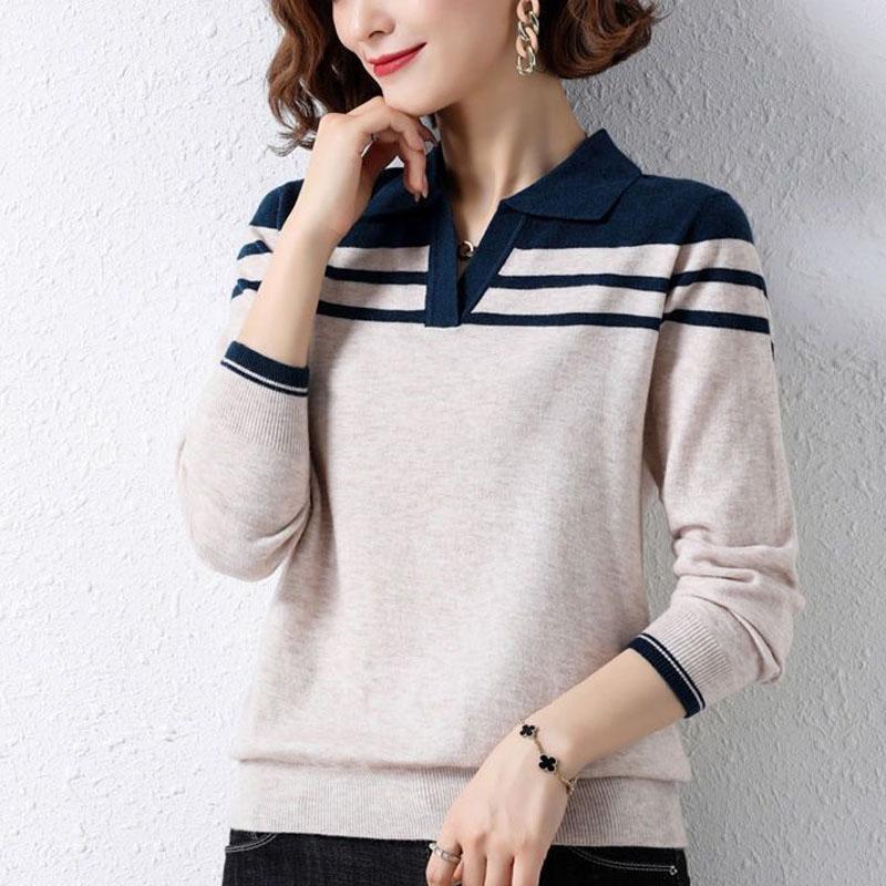 New Autumn Fashion Loose Versatile Polo Collar Panel Contrast Color Temperament Women's Knitted Long Sleeve Sweater