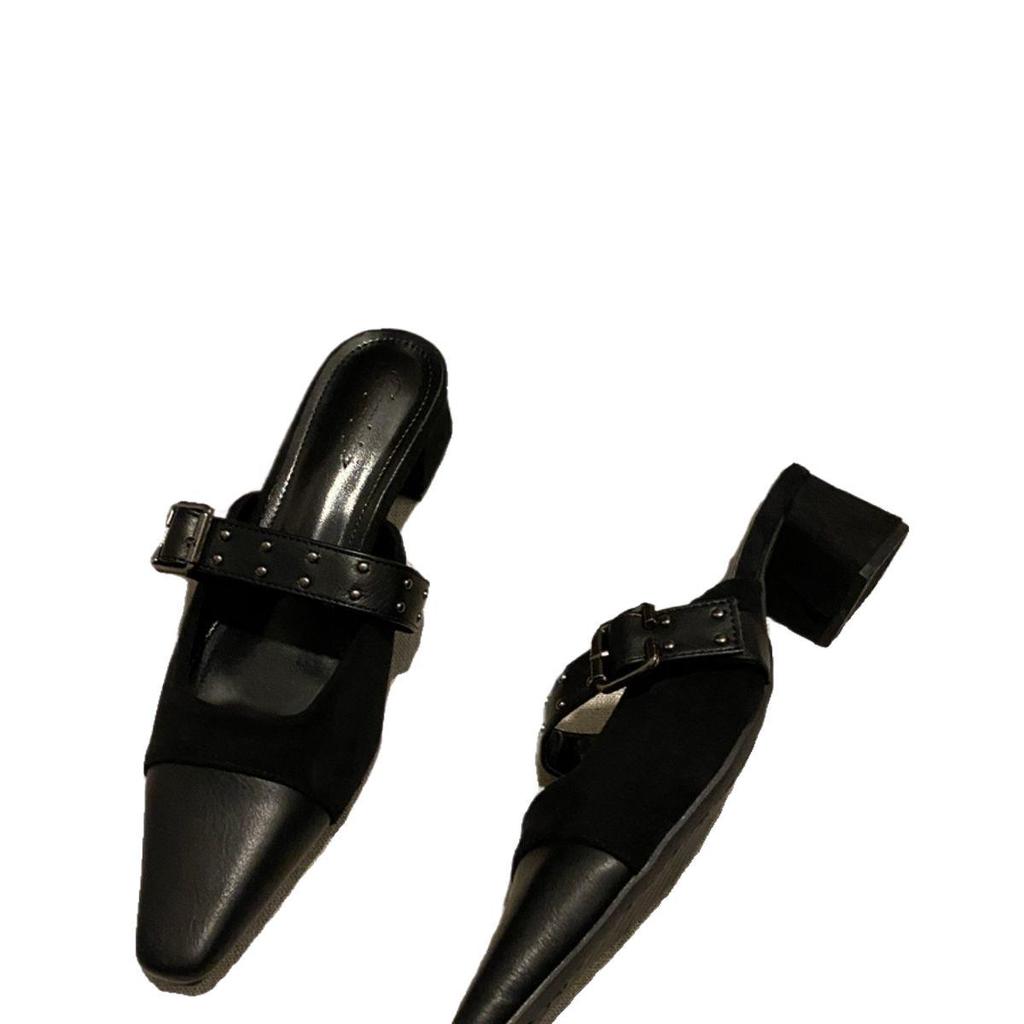 2025 Spring and Summer New Fashion Internet Celebrity Catwalk Retro Black Rivet Square Head High Heel Sandals Women's Half Drag Outside