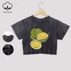 Delicious Durian Printing Cotton Crop Tees Fashion Summer Lace Hem Washed T-Shirts Regular Fit Distressed Tops Casual Clothes