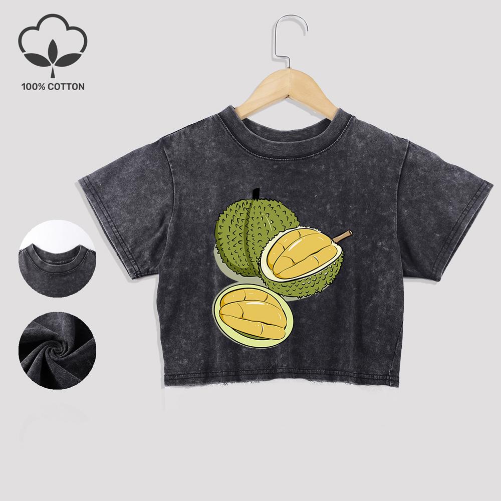 

Вкусные хлопковые кроп-топы с принтом дуриана, модные летние футболки с кружевной отделкой, выстиранные футболки обычной посадки, состаренные топы, повседневная одежда L