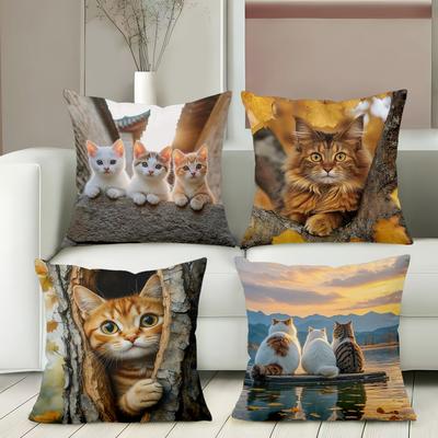 Schattige Kattenkussens Met Natuurtaferelen Voor Huisdecoratie Polyester kussensloop, decoratief kussenhoes voor bank Hoofdbordkussen