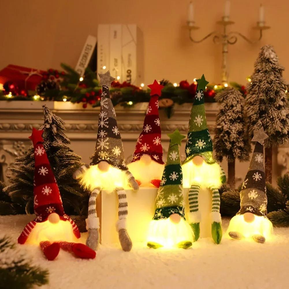 Christmas Faceless Doll Gnome Ornaments LED Light Plush Knitting Crafts Pendant Decor Christmas Decorations for Home Kids Gift