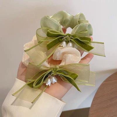 Girl Hair Tie Summer Green Flowers Fabric Bow Tie Hair Rope for Women Hair Accessories