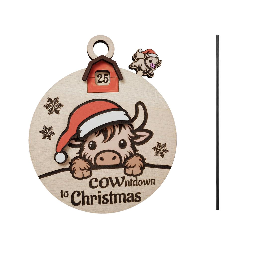 Cow-Themed Christmas Countdown Sign Cartoon Wooden Holiday Countdown Decor